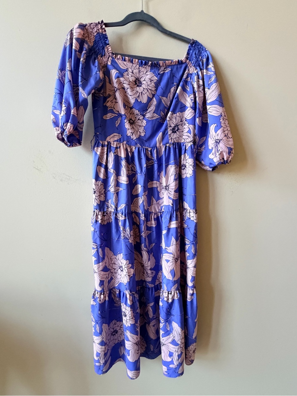 Eliza J Blue Midi Dress with Pink Floral Print, missing belt